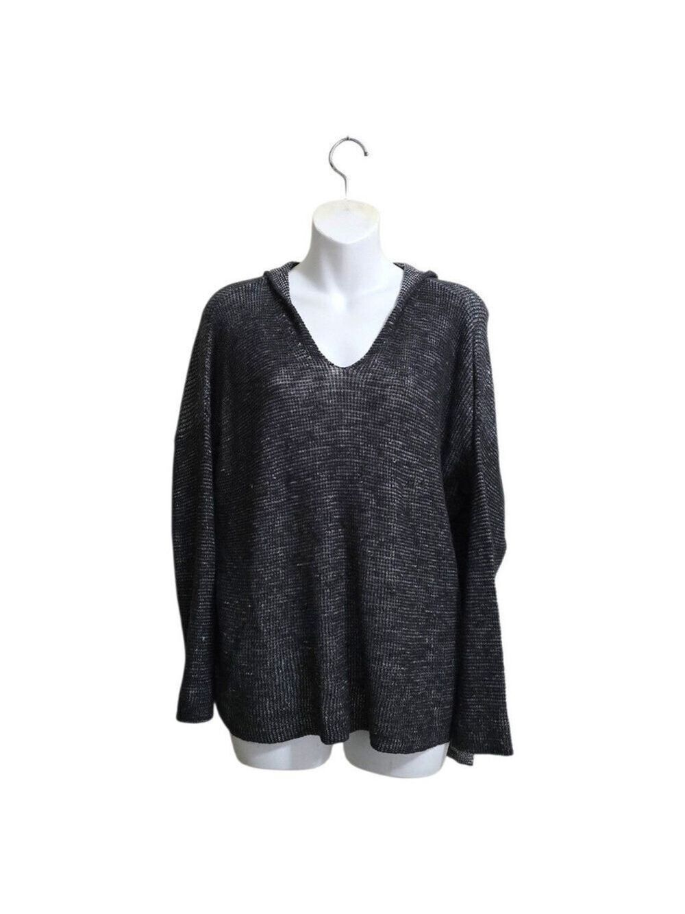 Eileen Fisher Linen Cotton Boxy Hooded Long Sleeve Top In Charcoal Sz S